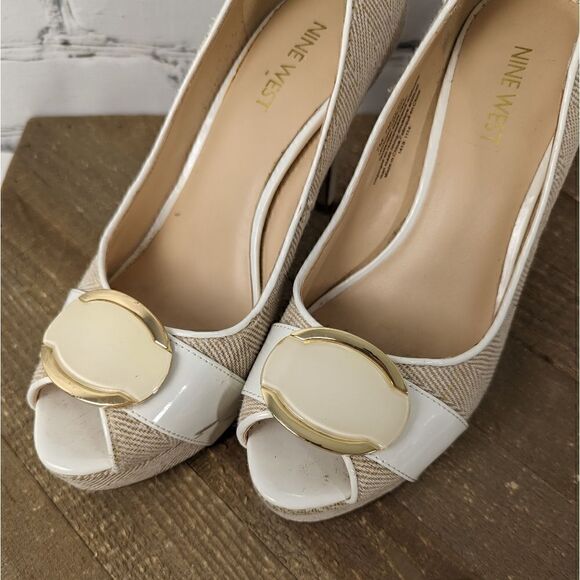 Nine west peep toe platform stiletto heels size 7M tweed leather - Picture 2 of 10